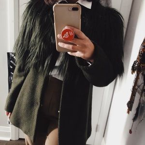 Dark olive Italian designer faux fur jacket